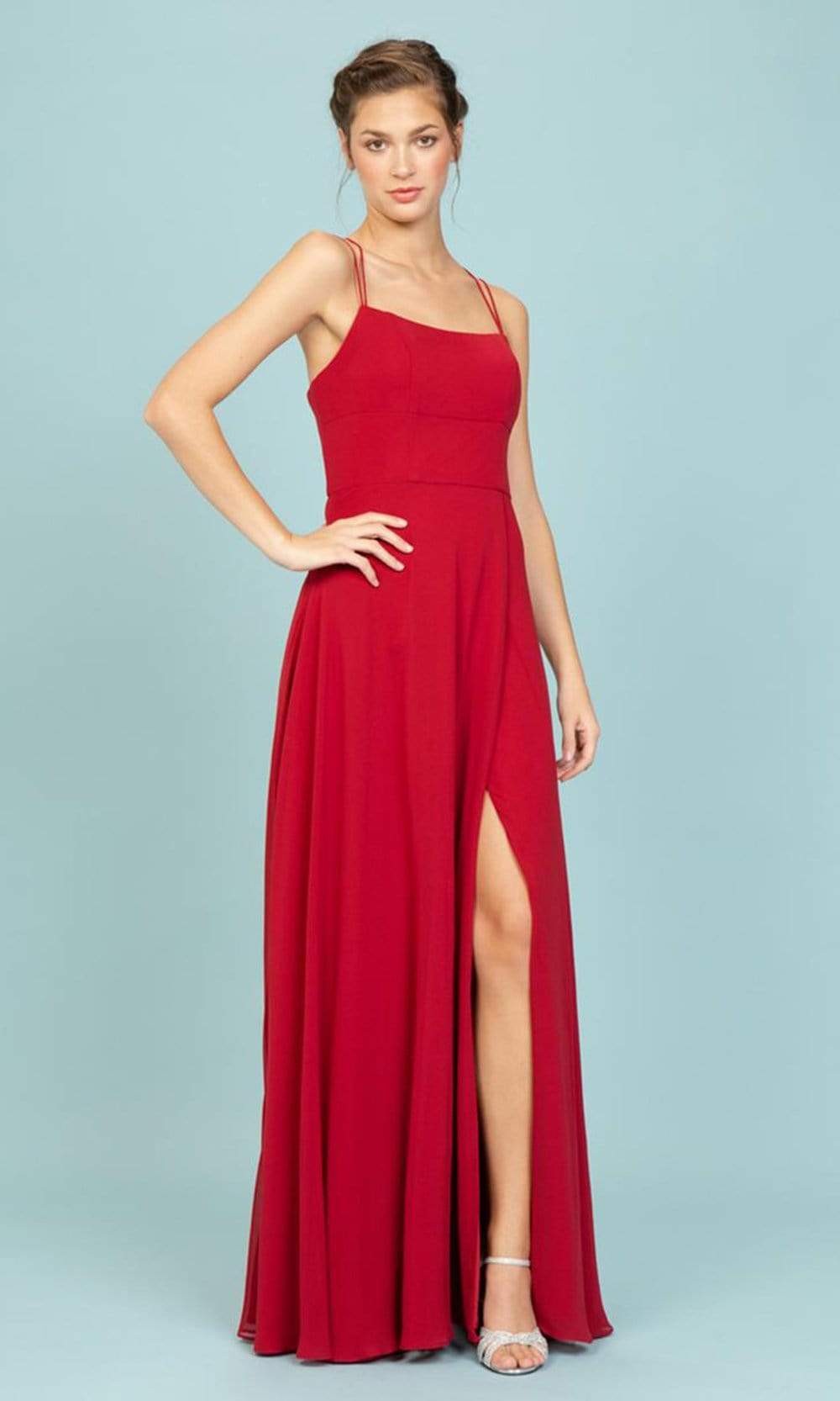 Eureka Fashion - 9611 Straight Across A-Line Dress with Slit Eureka Fashion - 9611 Straight Across A-Line Dress with Slit