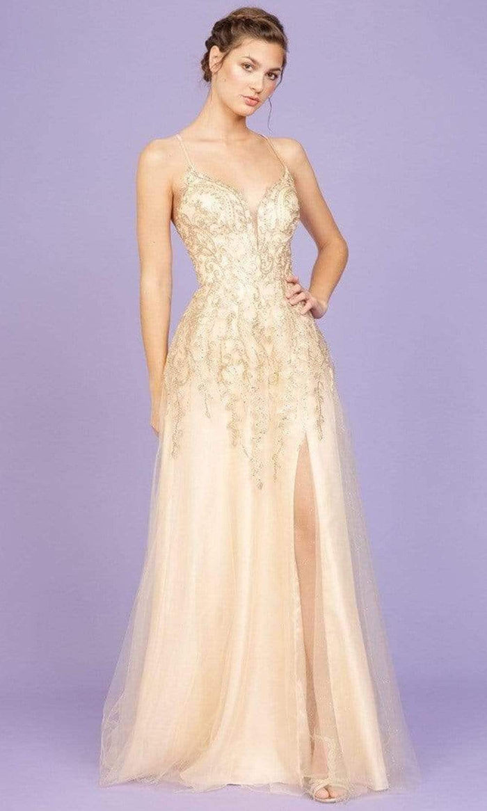 Eureka Fashion - 9705 Embroidery Motif Flowy Dress Prom Dresses XS / Champagne