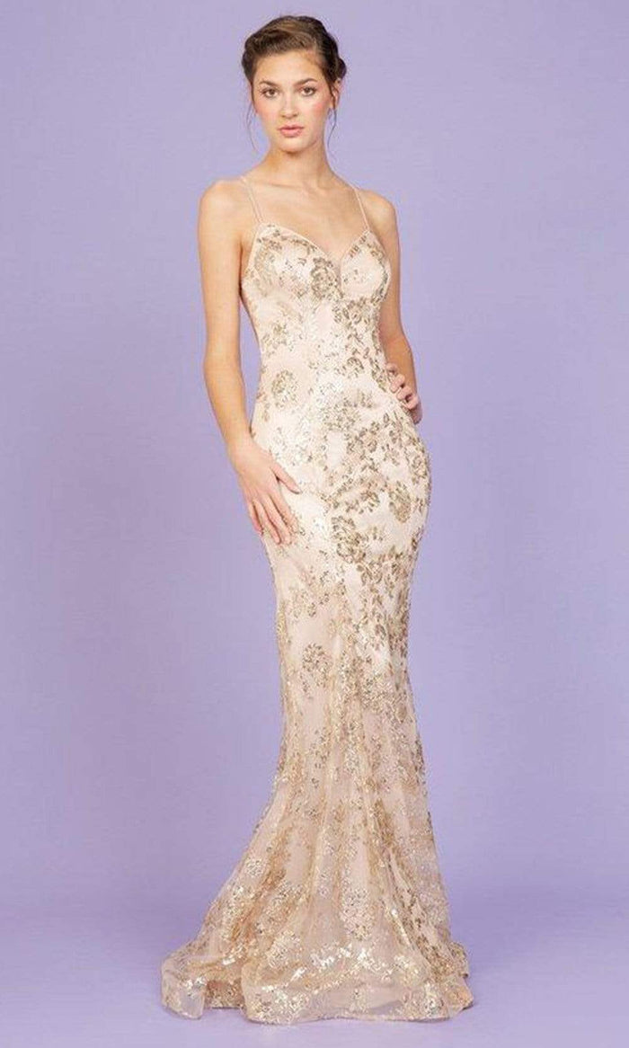 Eureka Fashion - 9788 V Neck Embellished Sheath Dress Prom Dresses XS / Champagne
