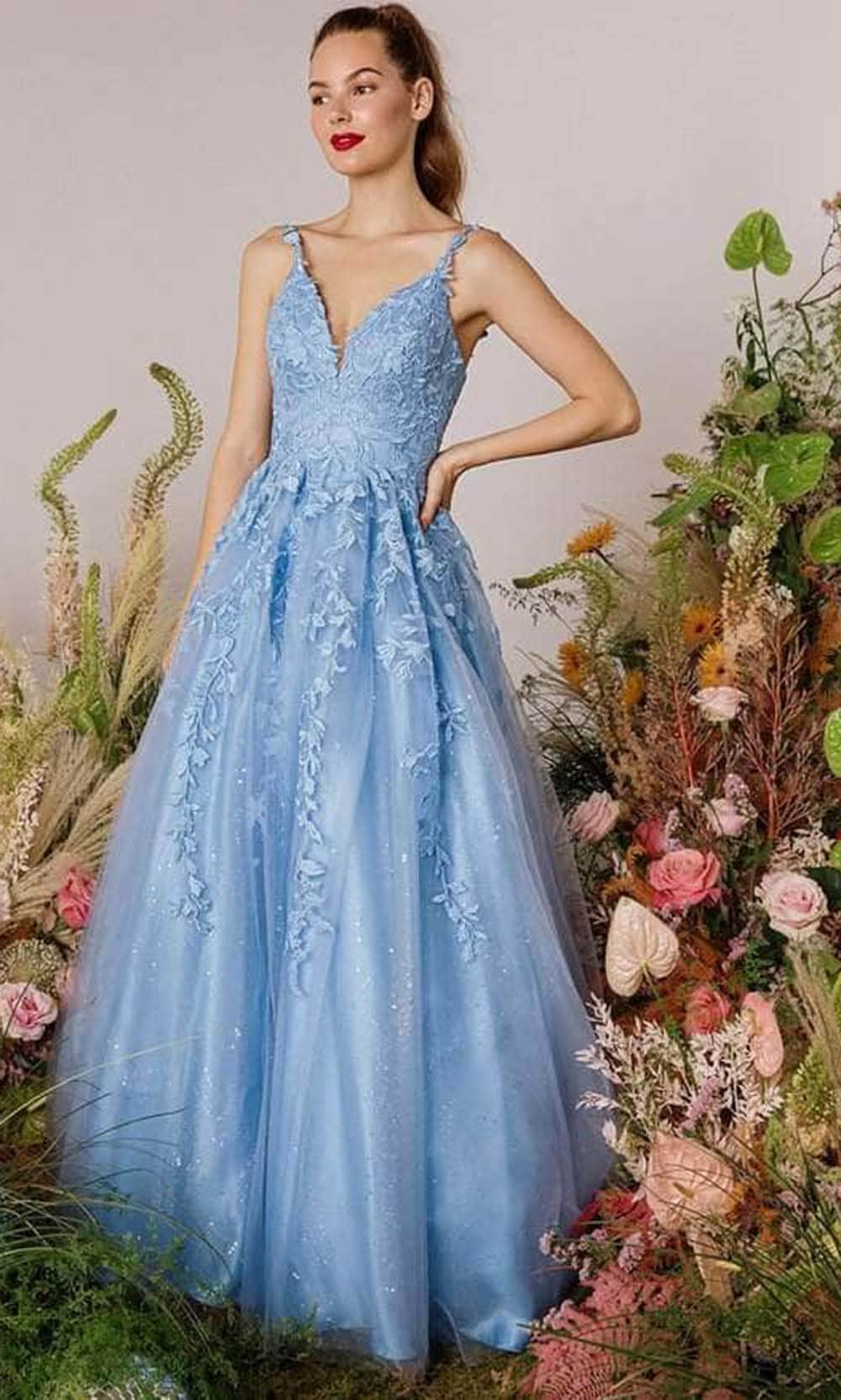 V-Neck Long A-Line Prom Dress with Embroidered Lace Bahama Blue / Small V-Neck Long A-Line Prom Dress with Embroidered Lace Bahama Blue / Small