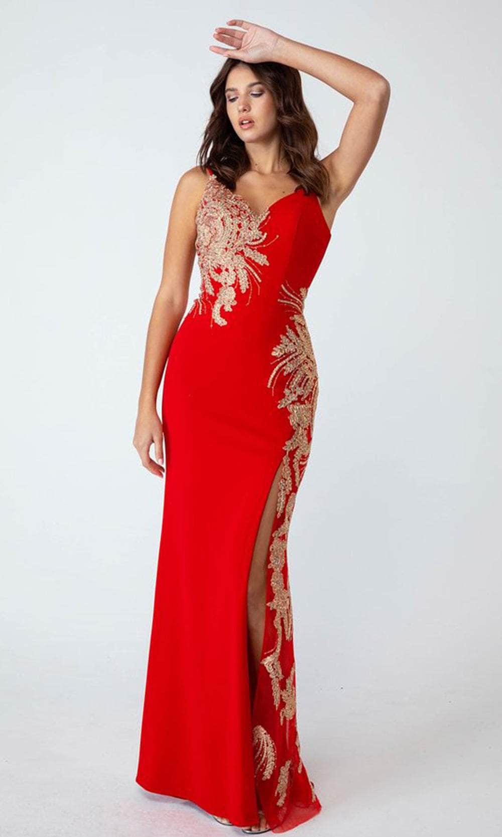 Lace-Up Long Jersey Prom Dress with Gold Embroidery Red/Gold / XLarge Lace-Up Long Jersey Prom Dress with Gold Embroidery Red/Gold / XLarge