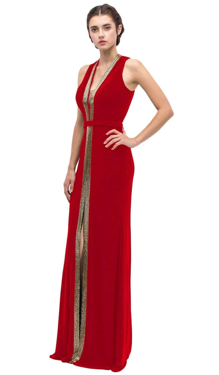 Eureka Fashion - Plunging Gold Beading Fitted Evening Dress Special Occasion Dress XS / Red/Gold Beading