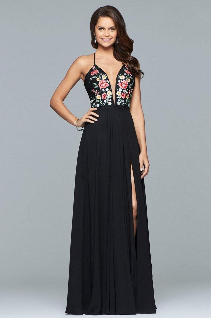Faviana 10000 Plunging Floral Embroidered Chiffon Simple Prom