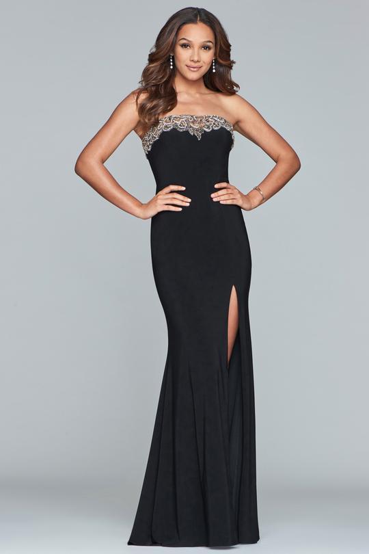 Faviana - S10200 Beaded Tulle Neckline Strapless Jersey Dress Evening Dresses 00 / Black