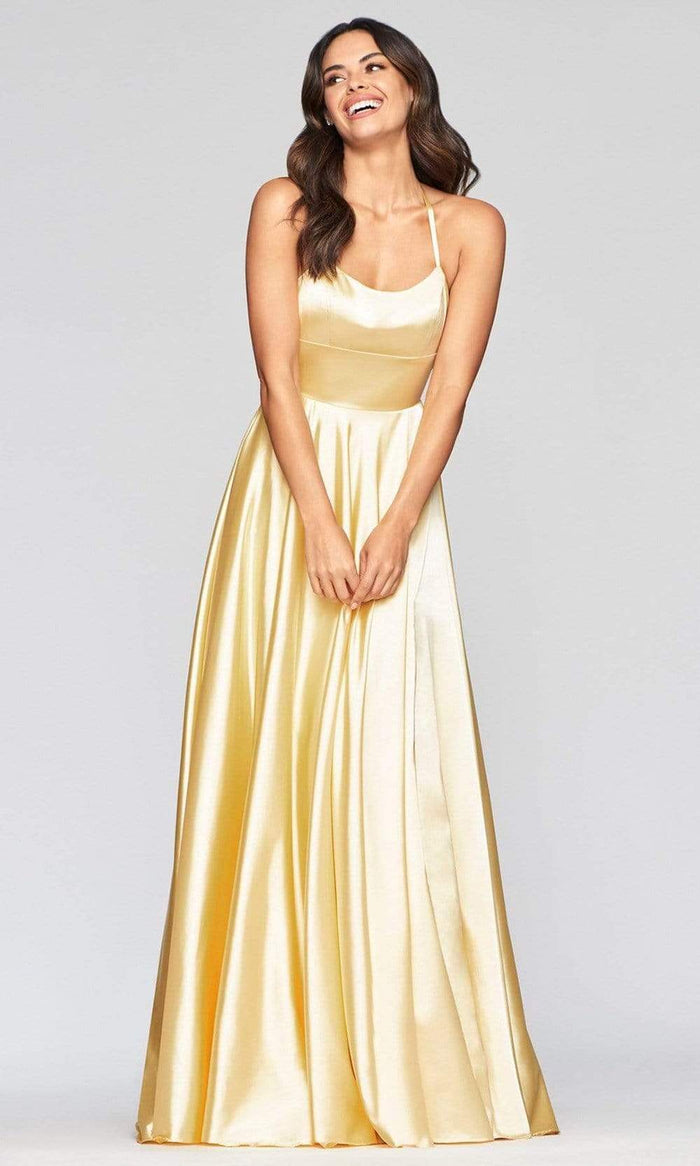 Faviana - S10211 Strappy Open Back Charmeuse A-Line Dress in Yellow