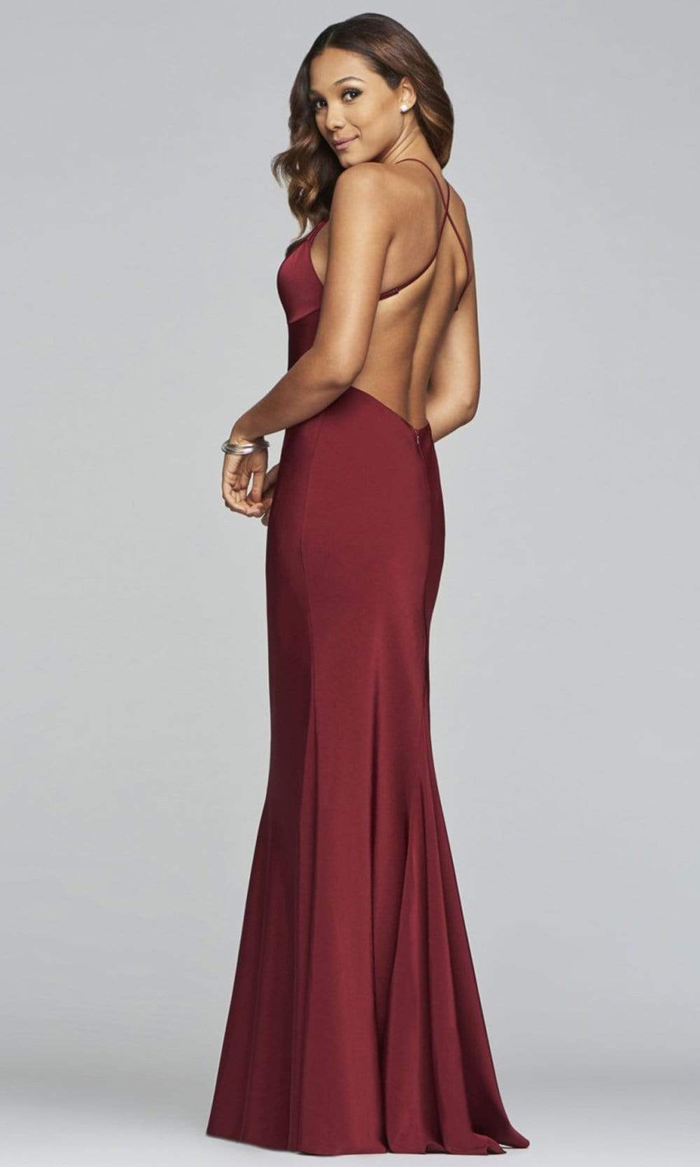 faviana burgundy dress Floral-Beaded Long Prom Dress with Strappy Open Back Ink Blue / 6