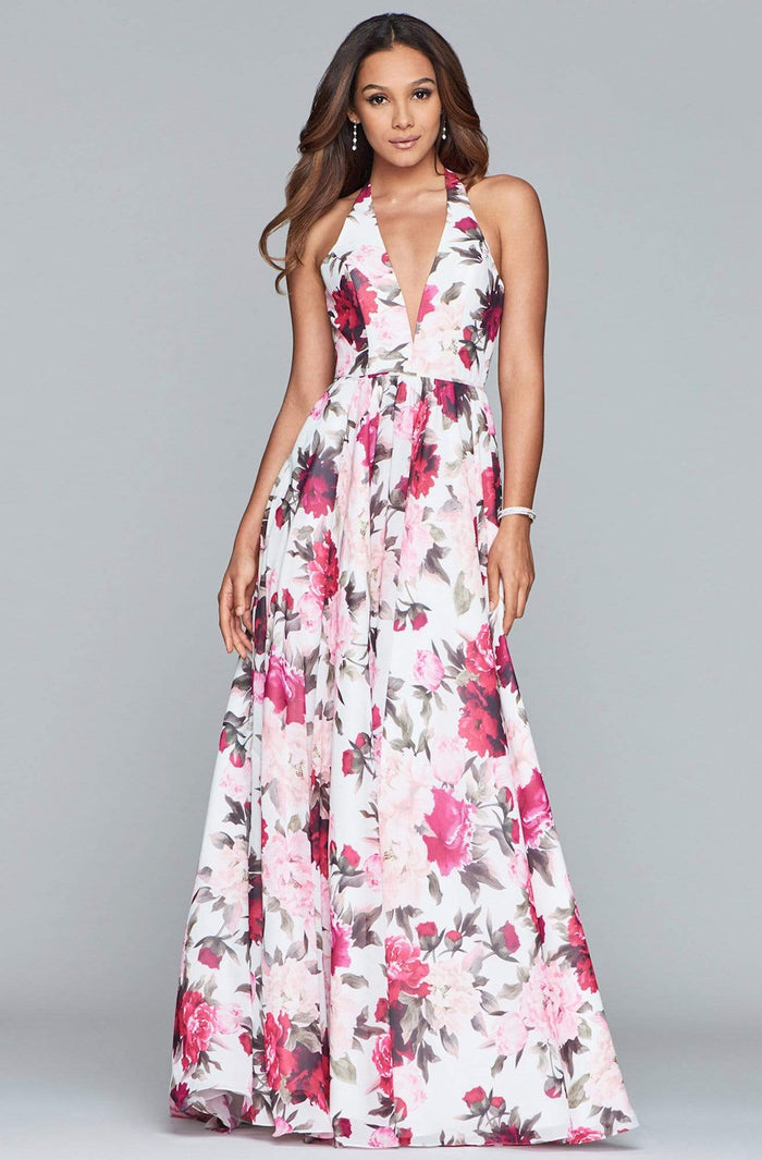 Faviana - S10278 Floral Halter A-Line Evening Gown Evening Dresses 00 / Ivory/Wine