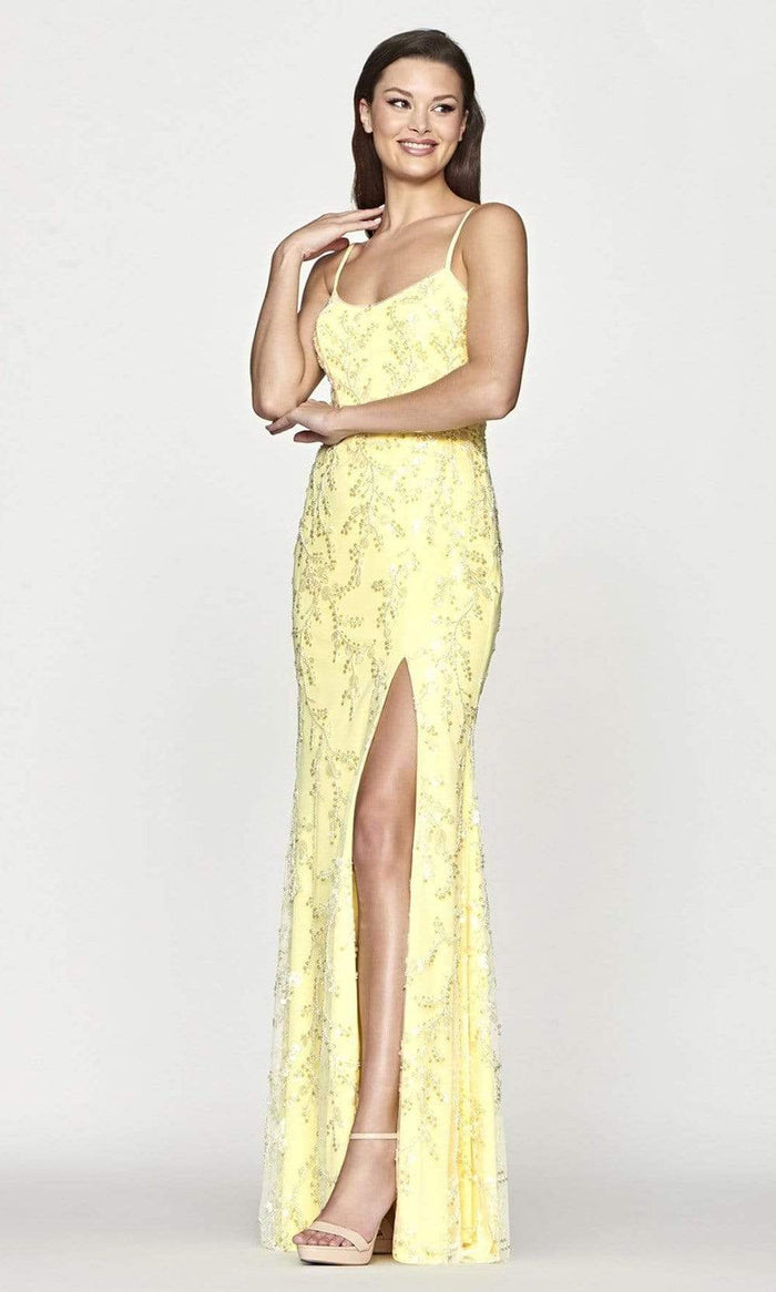 Faviana - S10682 Scoop Neck Flower Slit Dress Prom Dresses 00 / Light Yellow
