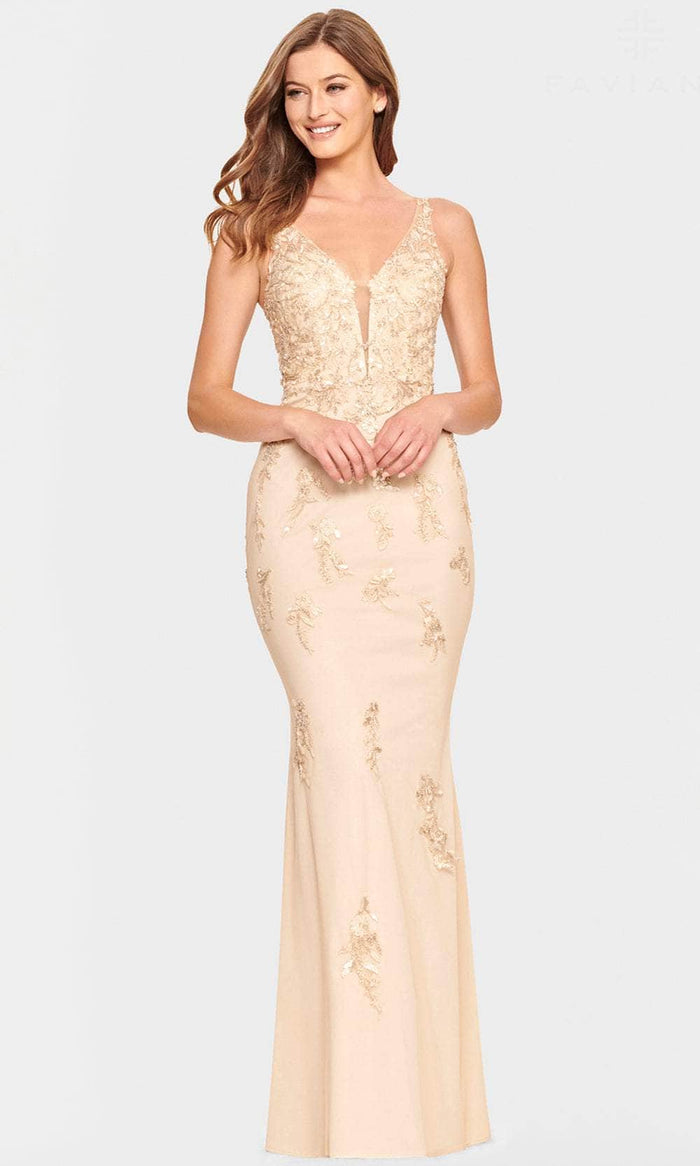 Faviana S10855 - V Neck Appliqued Tulle Prom Dress Prom Dresses 00 / Champagne