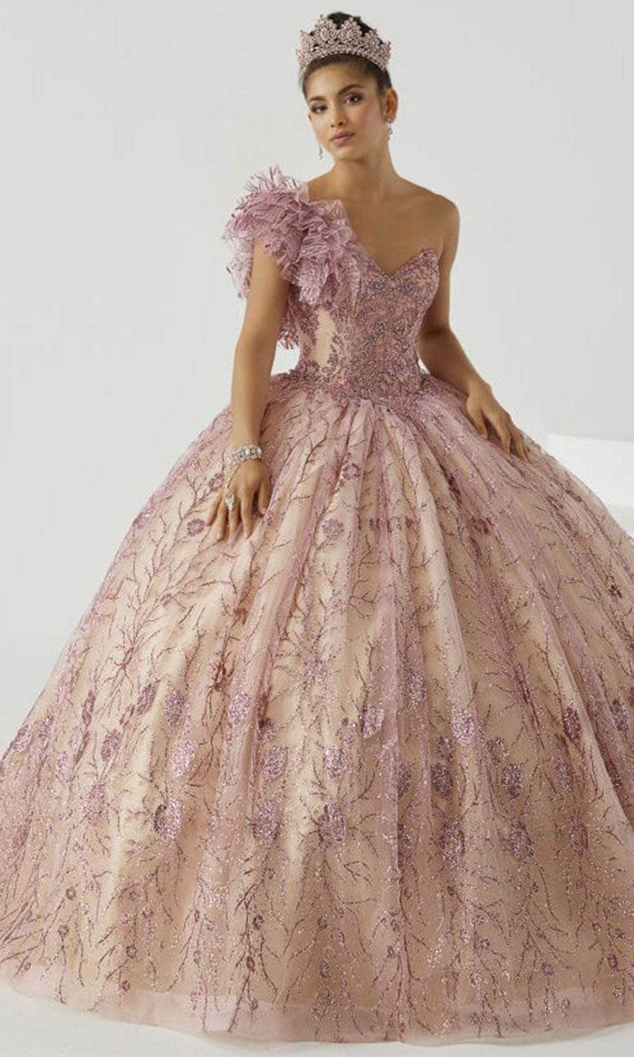 Fiesta Gowns - 56440 Ruffled One Shoulder Ballgown Special Occasion Dress 0 / Rose Pink/Champagne