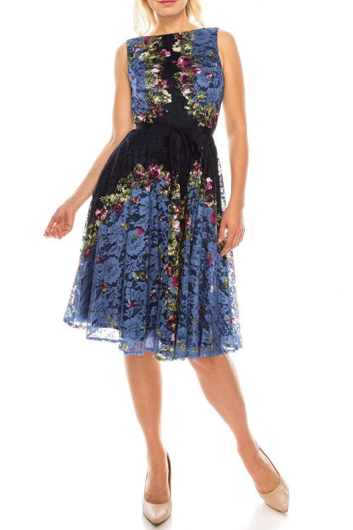 Gabby Skye - 57369MG Sleeveless Floral Print Lace A-Line Dress Cocktail Dresses 0 / Periwinkle Navy