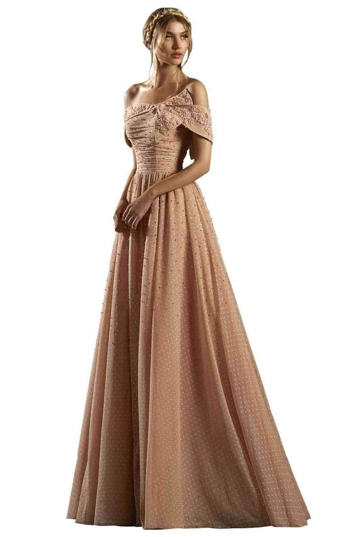 Gatti Nolli Couture - ED-4458 Bow Knotted Off Shoulder Long Gown Special Occasion Dress 2 / Peach