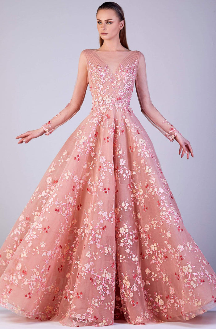 Gatti Nolli Couture - OP-5156 Floral Embroidered Long Sleeves Ballgown Ball Gowns 0 / Pink