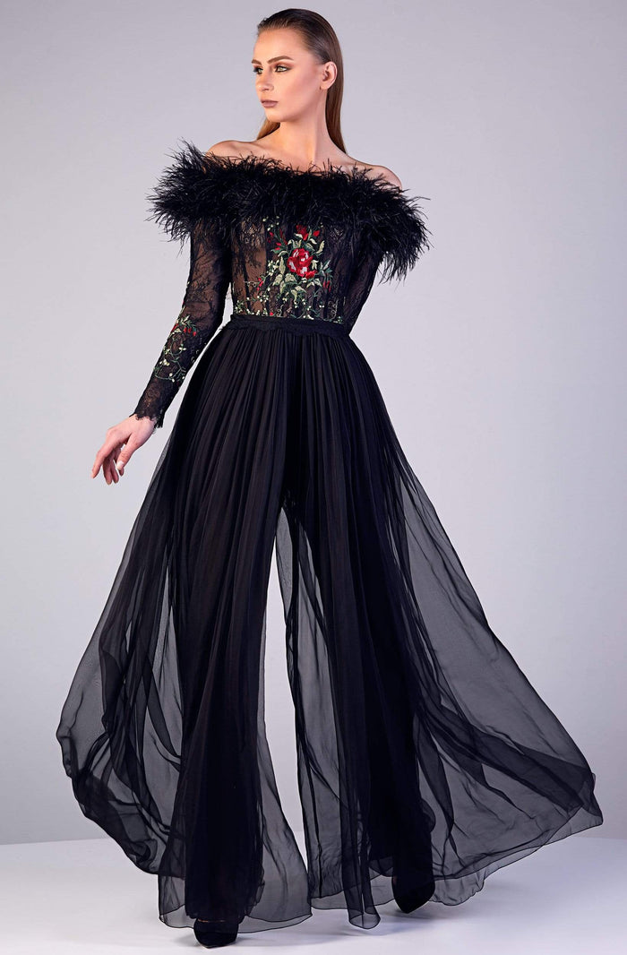 Gatti Nolli Couture - OP-5176 Fringed Long Sleeves Jumpsuit Evening Dresses 0 / Black