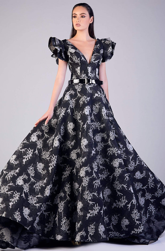 Gatti Nolli Couture - OP-5197 Tiered Flutter Sleeve Print A-Line Gown Evening Dresses 0 / Black/Grey
