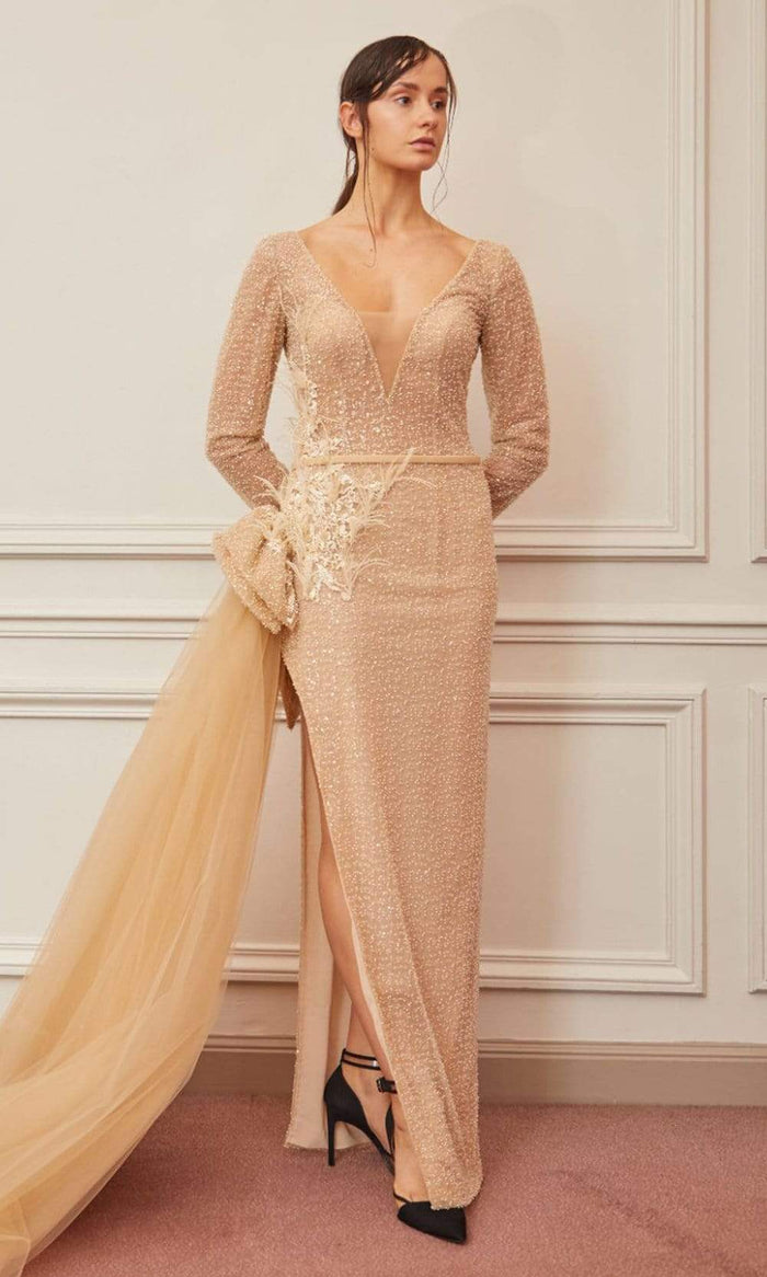 Gatti Nolli Couture - OP-5325 Beaded Long Sleeve Sheer Cascade Gown Evening Dresses 0 / Champagne