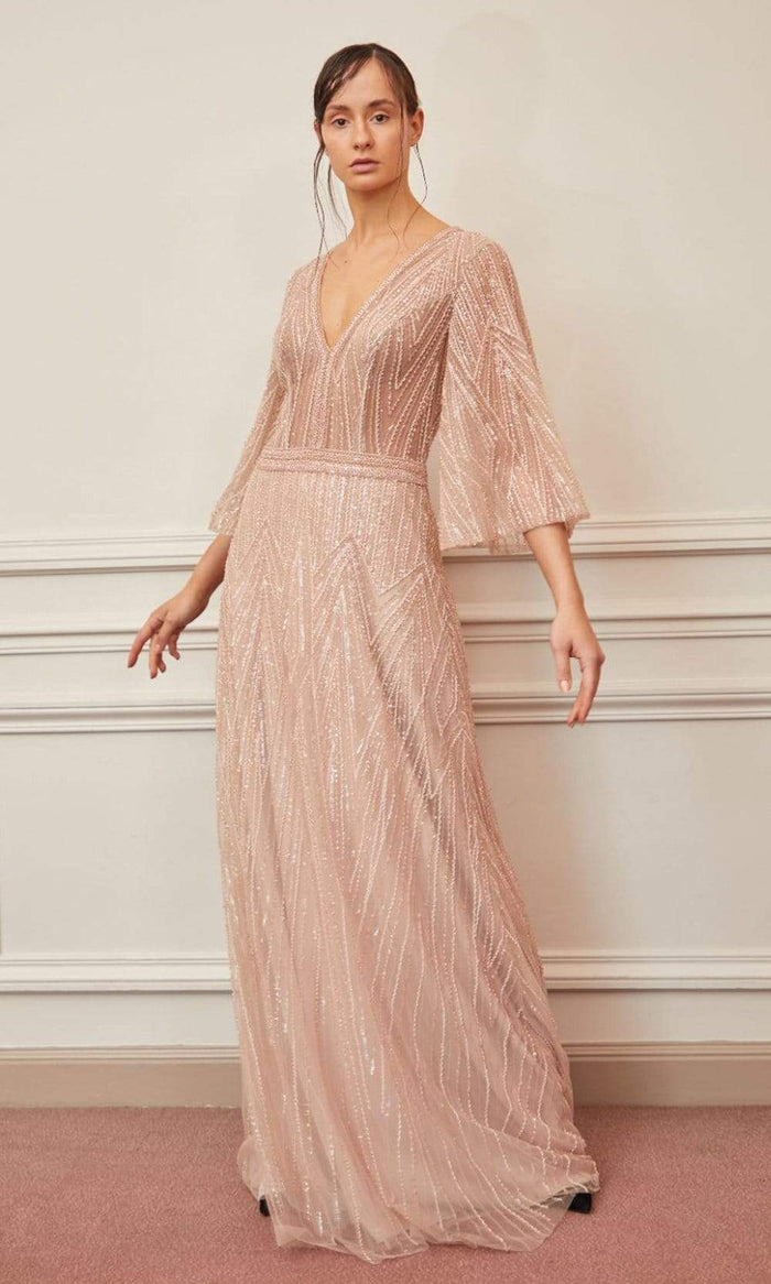 Gatti Nolli Couture - OP-5330 V Neck Quarter Sleeve Fully Beaded Gown Evening Dresses 0 / Champagne