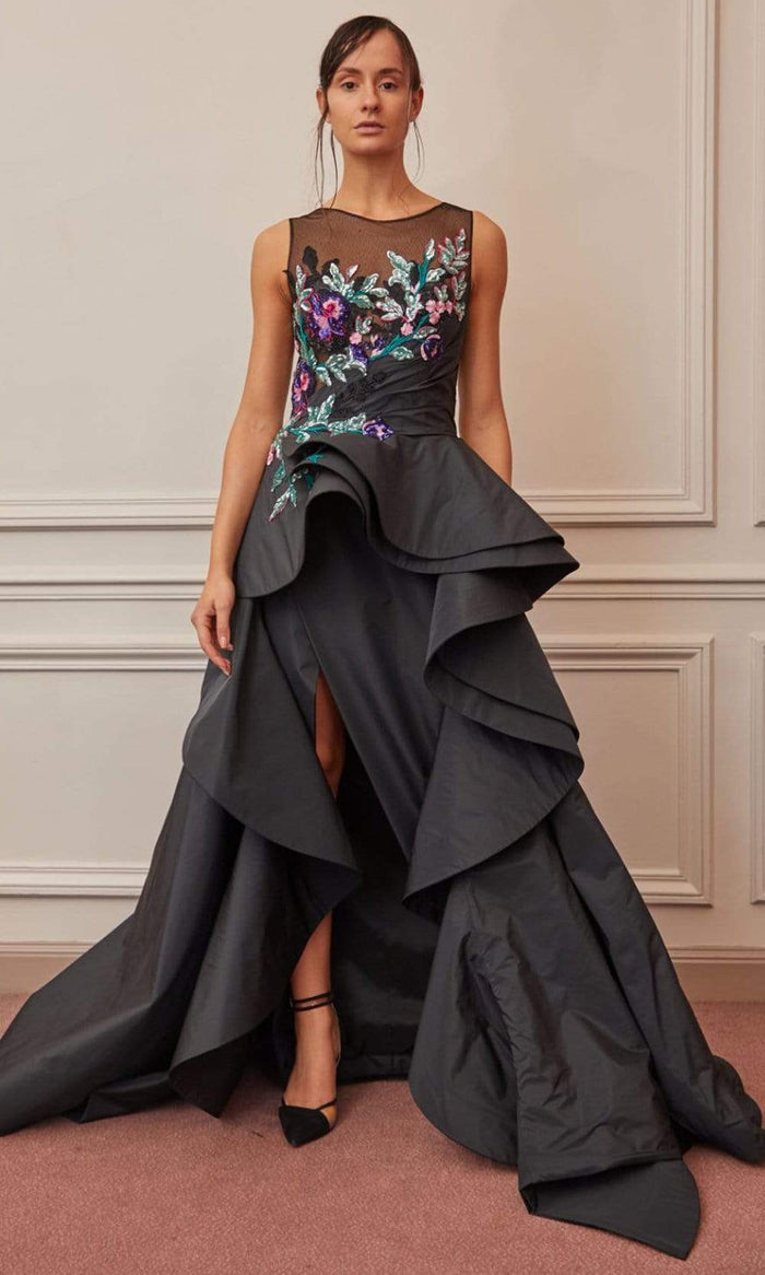 Gatti Nolli Couture - OP-5360 Illusion Floral Bodice High Low Ballgown Ball Gowns 0 / Black