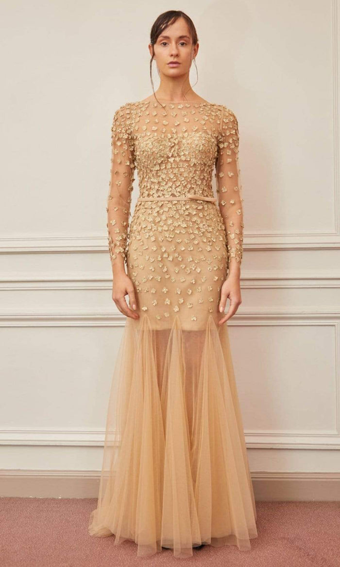 Gatti Nolli Couture - OP-5374 Floral Embellished Trumpet Evening Dress Evening Dresses 0 / Gold