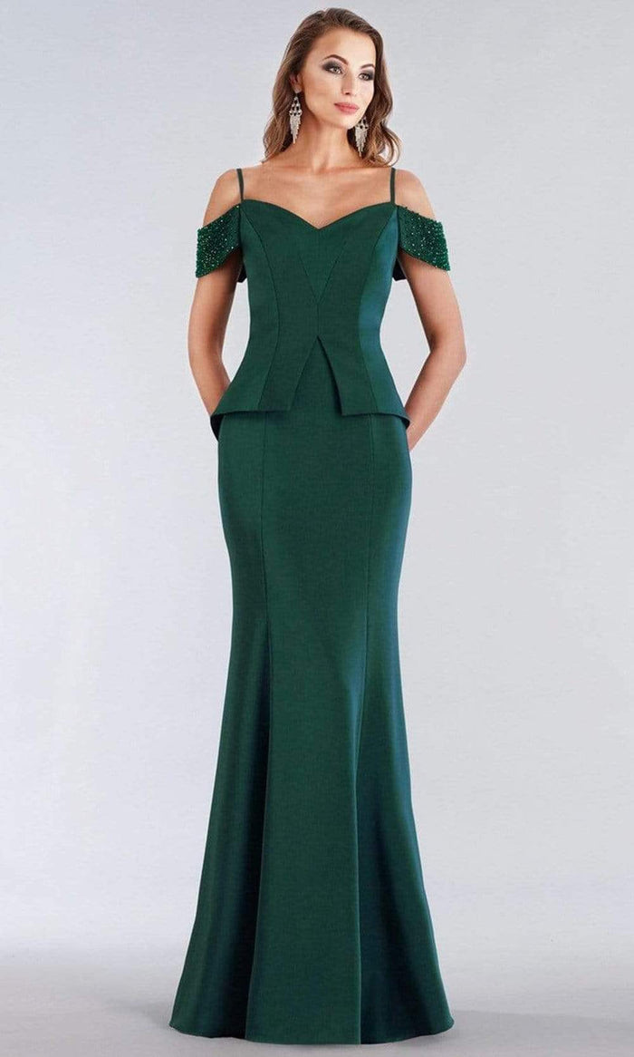 Gia Franco - 12954 Jeweled Arm Drape Off Shoulder Trumpet Gown Mother of the Bride Dresses 6 / Emerald