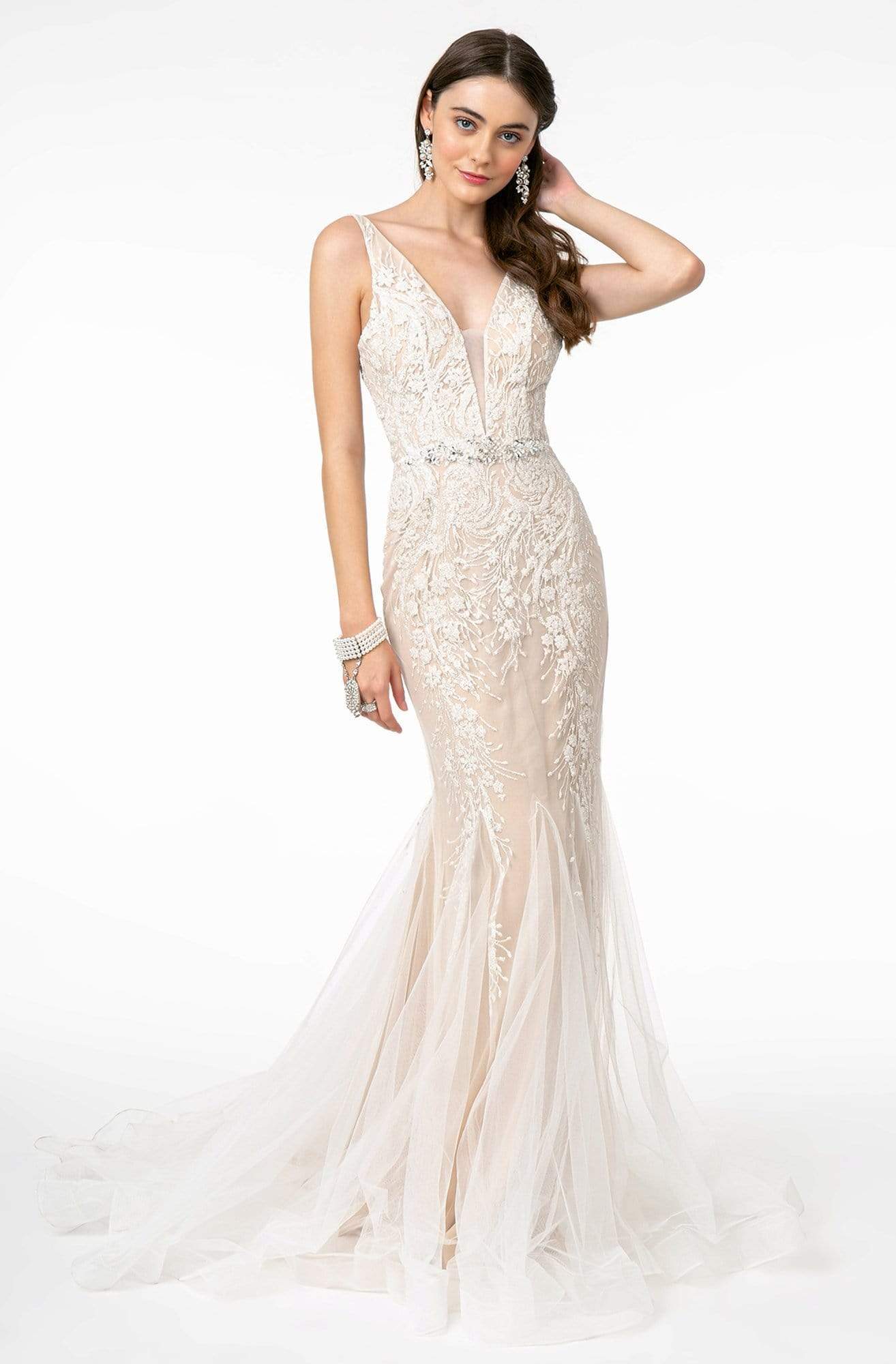GLS by Gloria - GL2985 Embroidered Deep V-Neck Trumpet Dress 3XL / Ivory/Cream GLS by Gloria - GL2985 Embroidered Deep V-Neck Trumpet Dress 3XL / Ivory/Cream