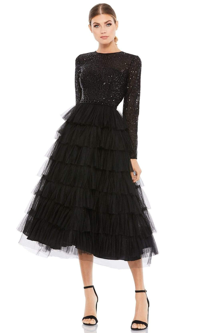 Ieena Duggal - 26299 Long Sleeve Sequin Bodice A-Line Dress Cocktail Dresses 0 / Black