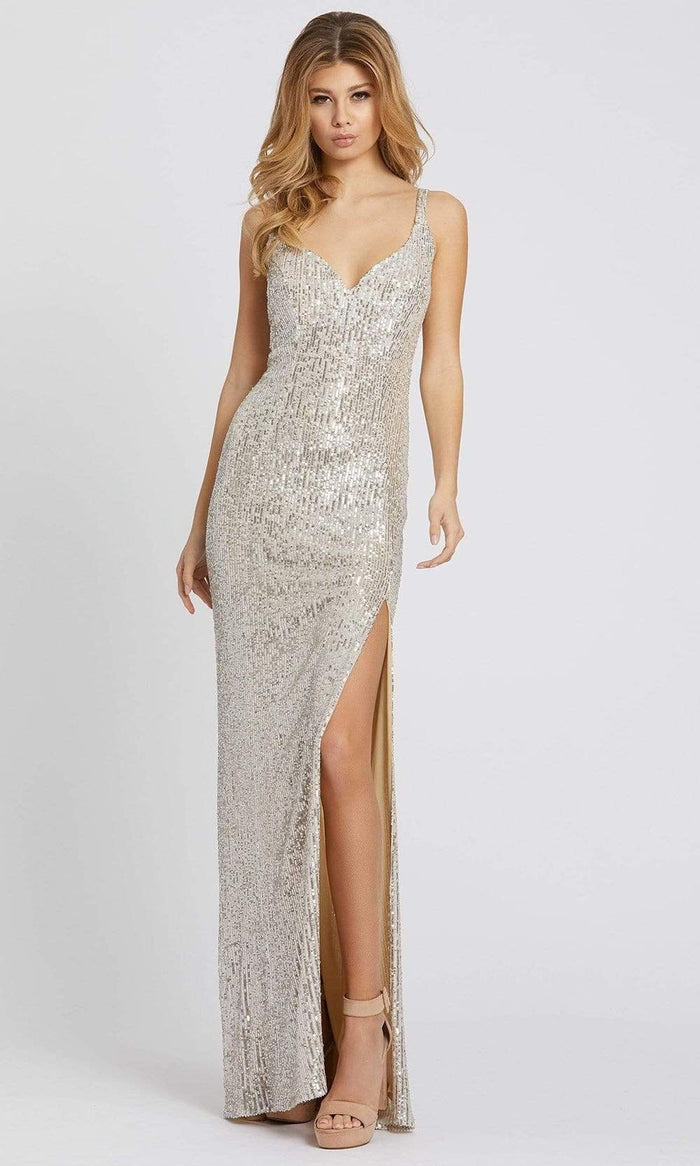 Ieena Duggal - 26443 Sleeveless Fitted High Leg Slit Sequin Gown Evening Dresses 0 / Silver