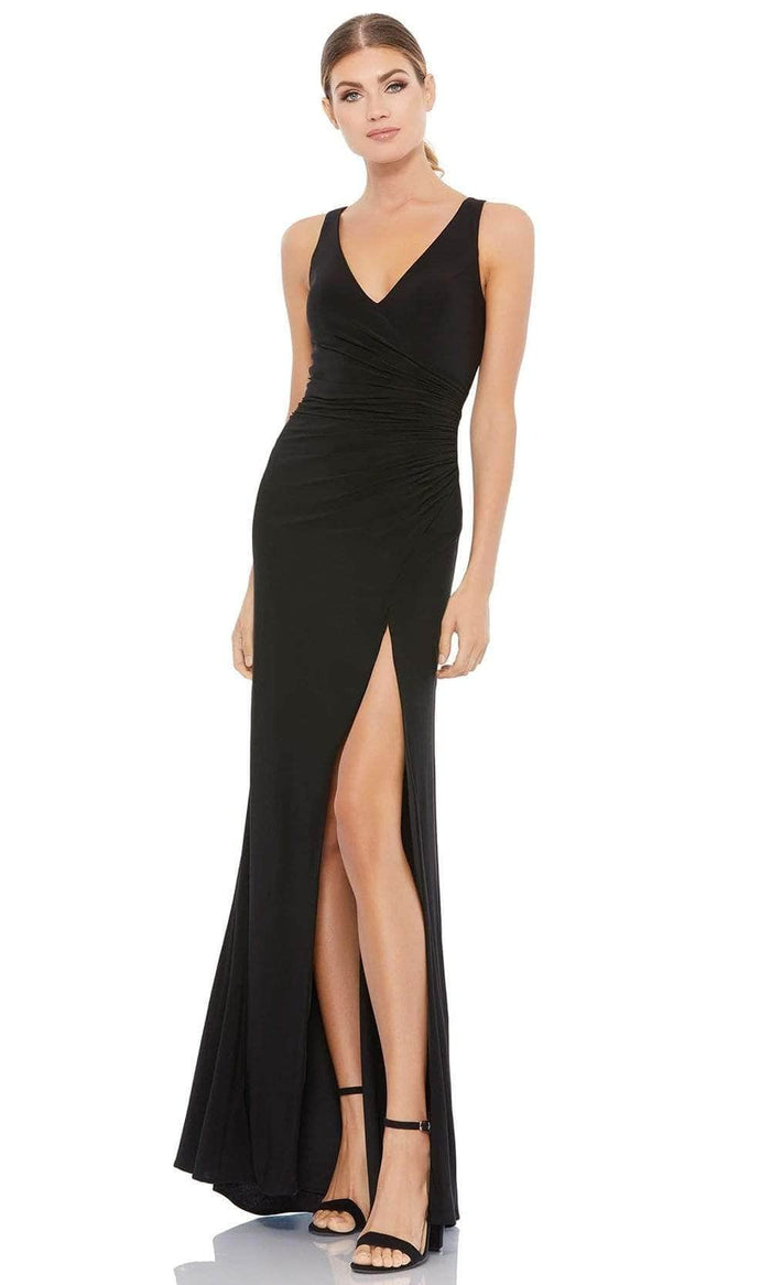 Ieena Duggal - 26513 V-Neck High Leg Slit Fitted Gown Evening Dresses 0 / Black