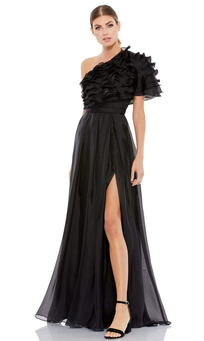 Ieena Duggal - 26527 Ruffle Tiered Bodice High Slit Dress Evening Dresses 0 / Black