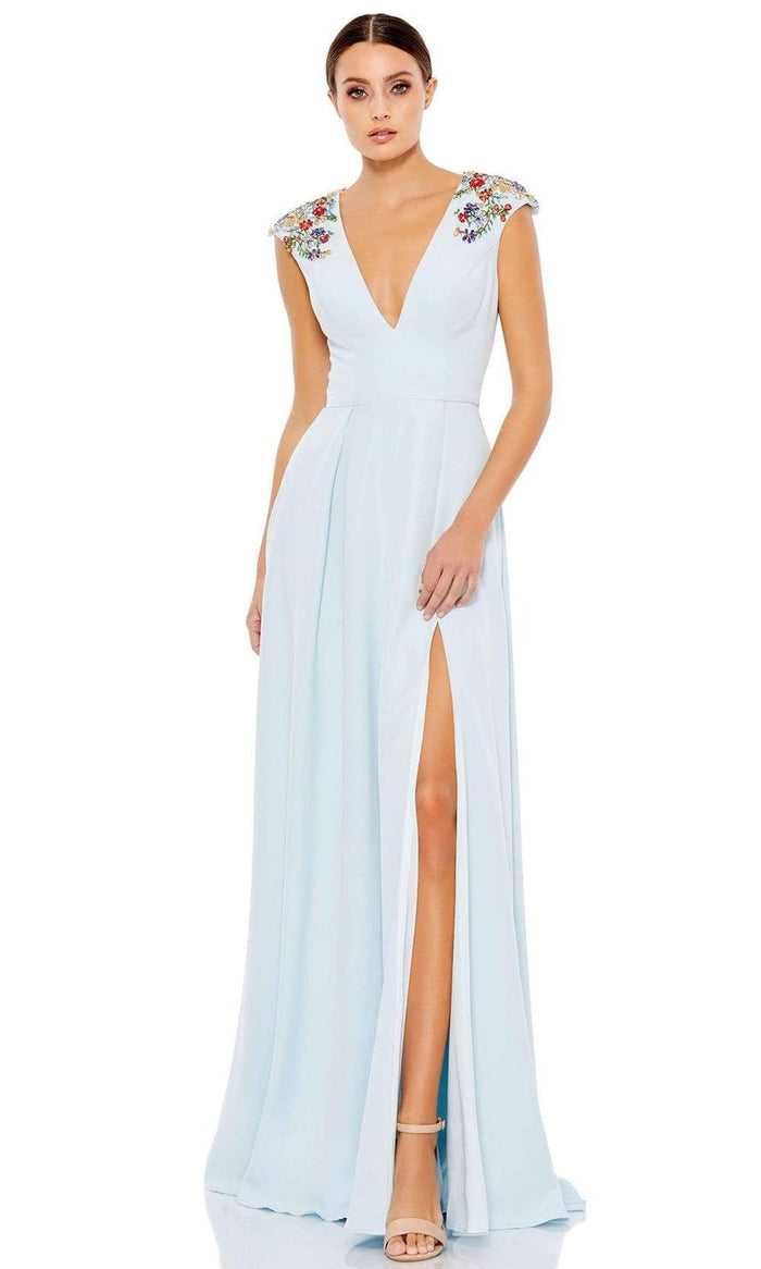 Ieena Duggal - 26540 V-Neck Beaded Shoulders A-Line Gown With Slit Evening Dresses 0 / Powder Blue