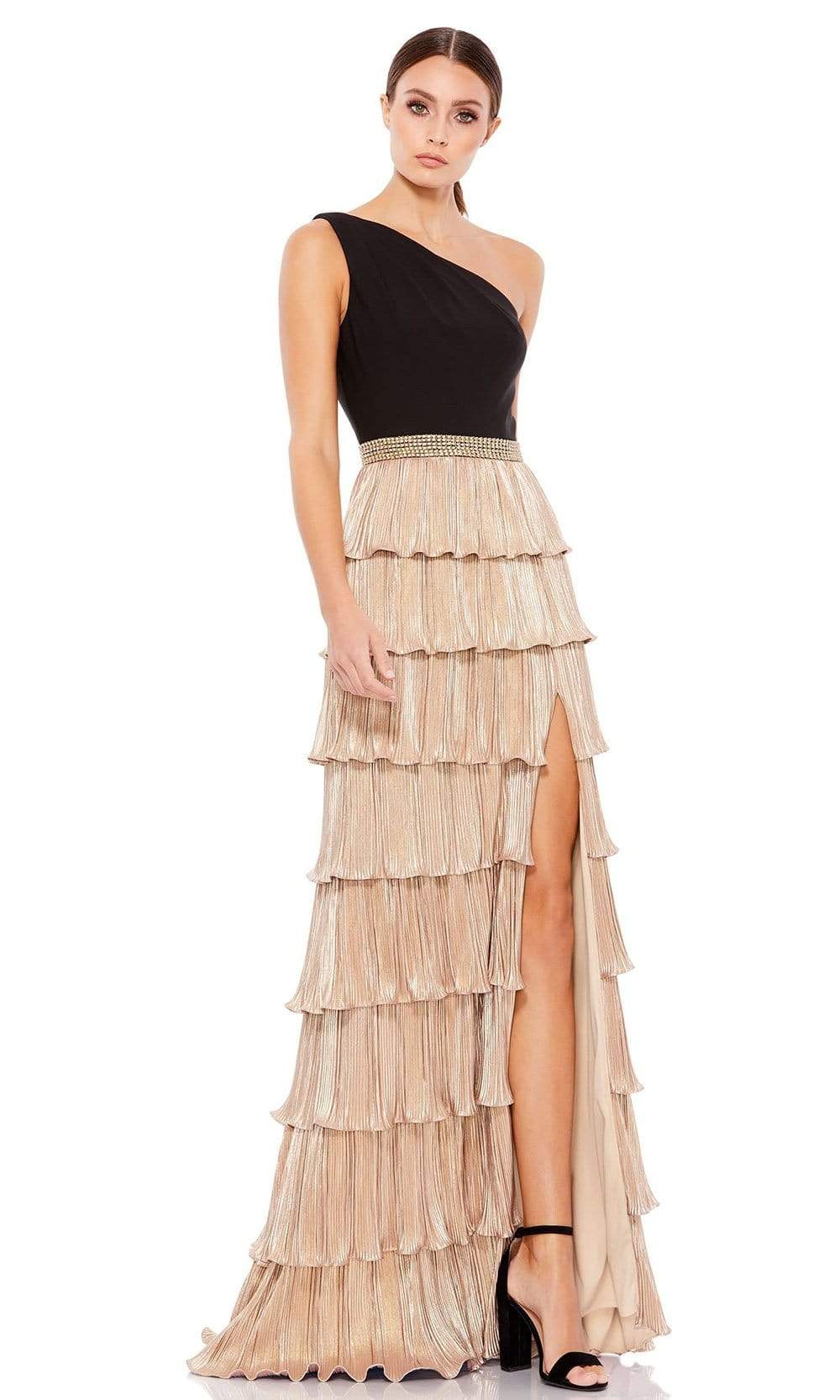 Mac Duggal One-Shoulder Tiered Ruffle Gown - Black Gold2 - 0 Mac Duggal One-Shoulder Tiered Ruffle Gown - Black Gold2 - 0