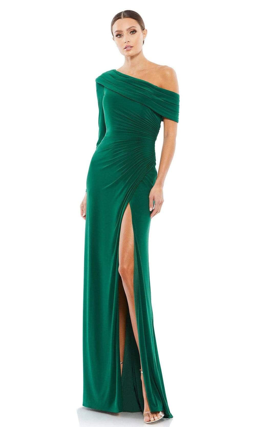 White Ruched Jersey Drop Shoulder Foldover Gown - Mac Duggal US 4 White Ruched Jersey Drop Shoulder Foldover Gown - Mac Duggal US 4
