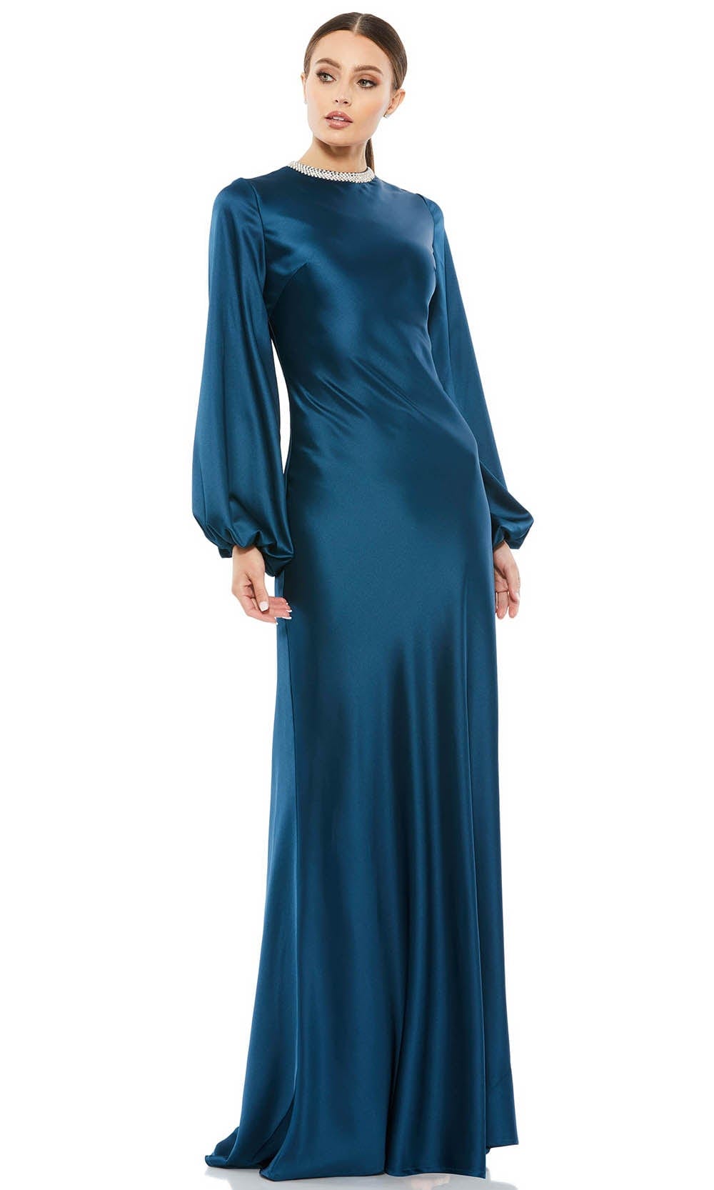 satin bishop sleeve dress Morilee Bridesmaid 31221 Luxe Satin Long Bishop Sleeve Dress