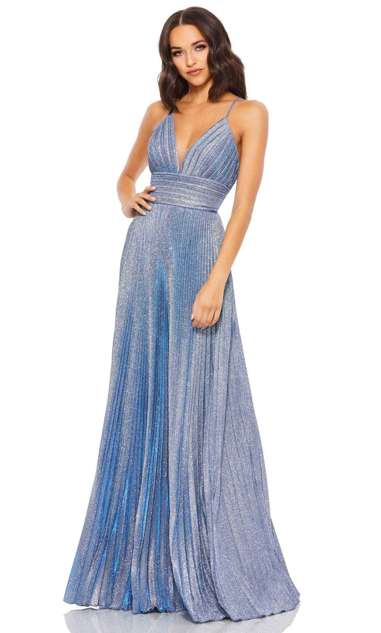 Mac Duggal Shimmer Pleated V-Neck Gown Royal Silver Size 8 Ieena Duggal 30725 - Sleeveless Empire Evening Dress – Couture Candy