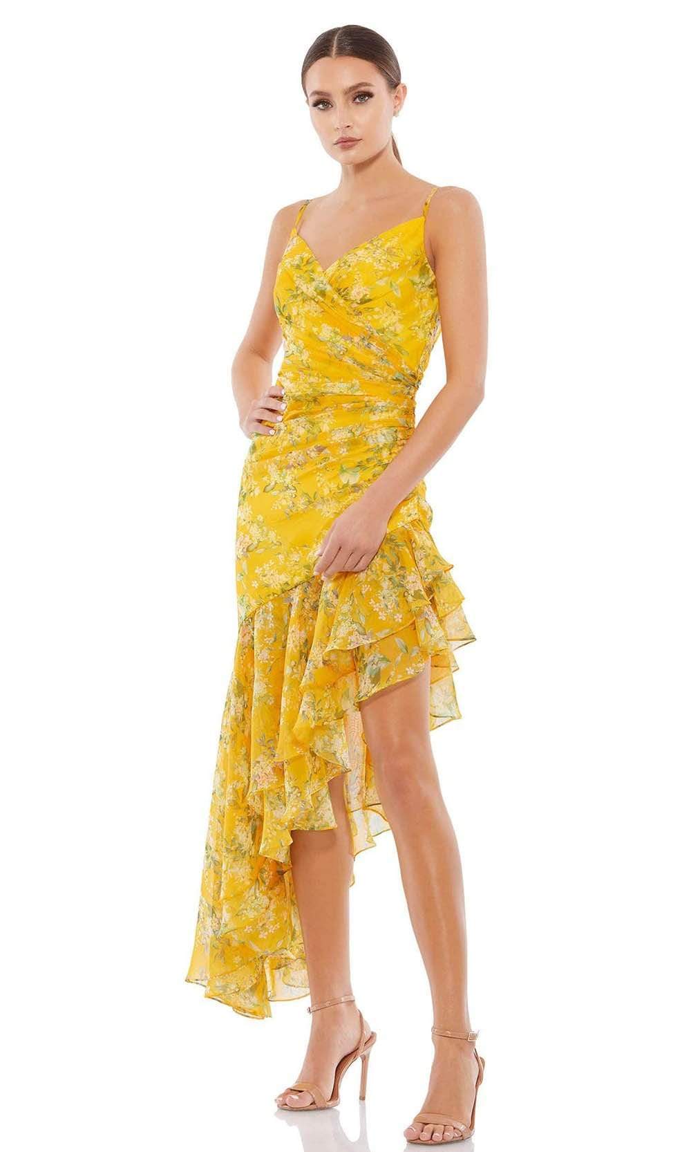 Ieena for Mac Duggal - Yellow Floral Ruffle Asymmetrical Hi Low Hem Dress - Yellow Multi / US 2 Ieena for Mac Duggal - Yellow Floral Ruffle Asymmetrical Hi Low Hem Dress - Yellow Multi / US 2