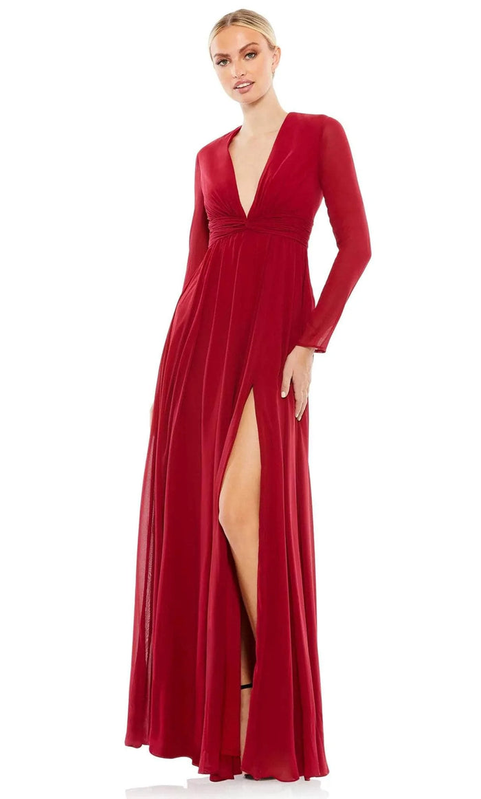 Ieena Duggal 55680 - Chiffon Long-Sleeved Formal Dress Prom Dresses 0 / Bordeaux