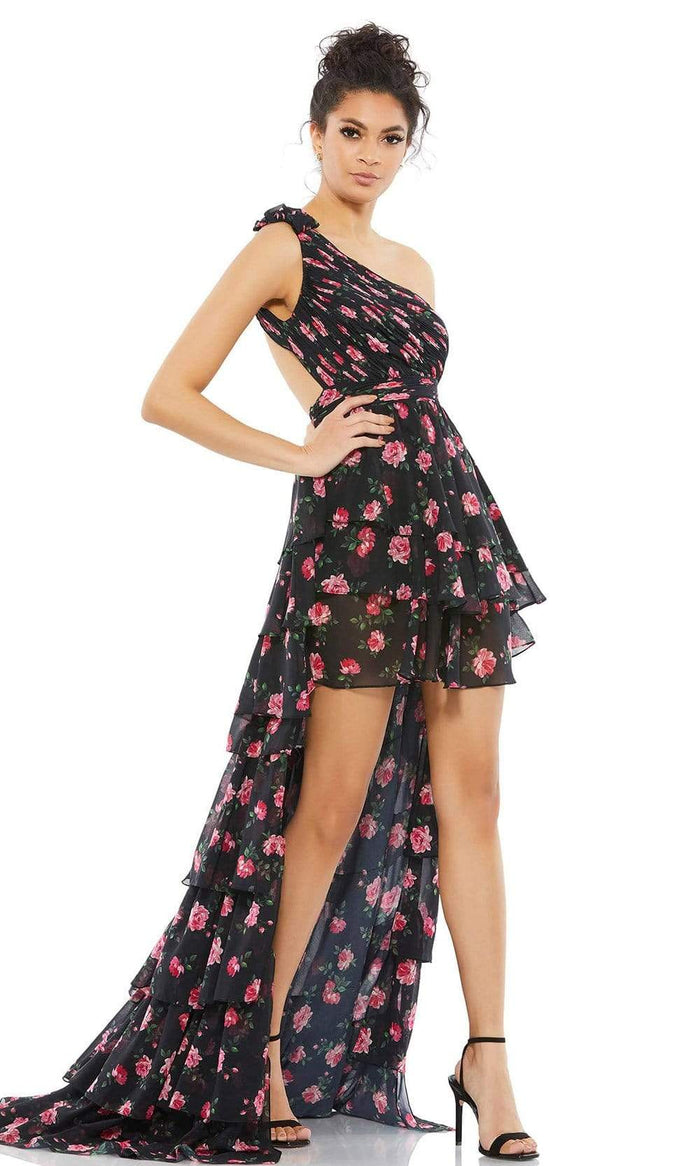 Ieena Duggal - 67947I Floral Printed Tiered High Low Dress Holiday Dresses 0 / Black Multi