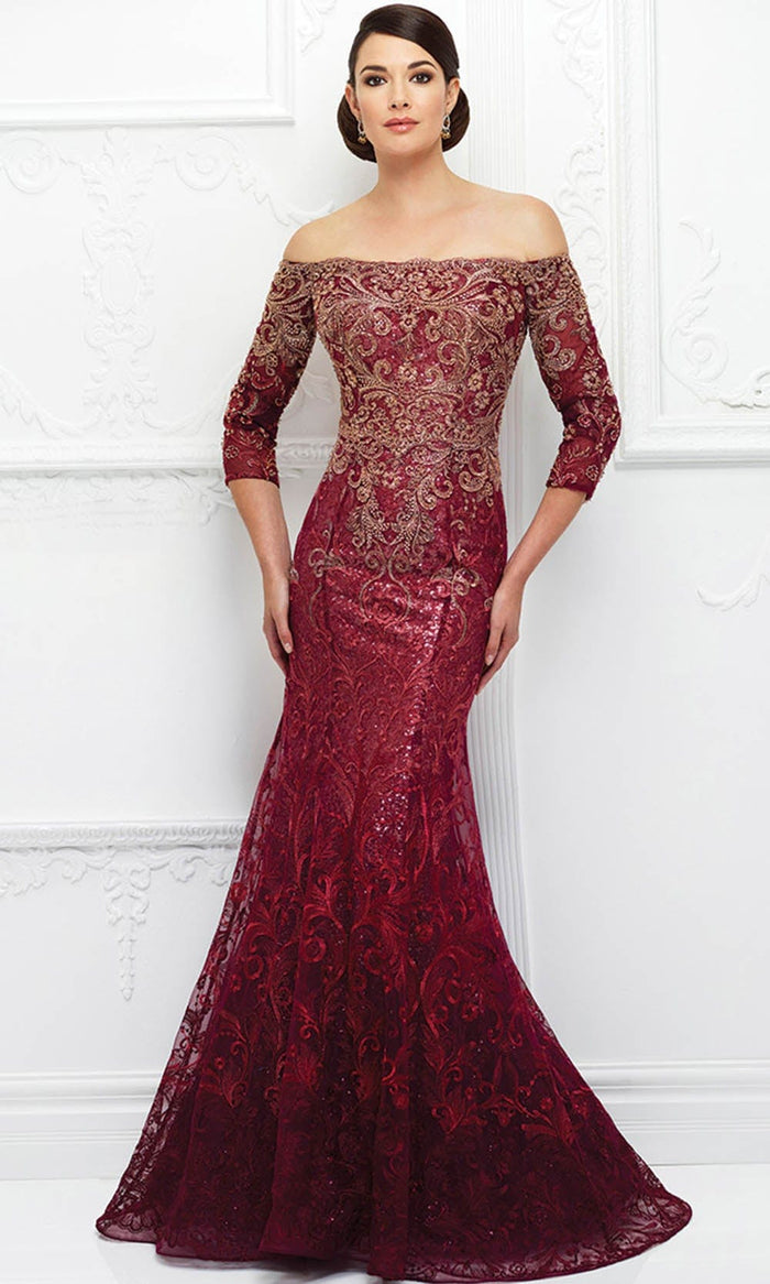 Ivonne D 118D07W - Lace Trumpet Evening Gown Special Occasion Dress 16W / Cranberry/Gold