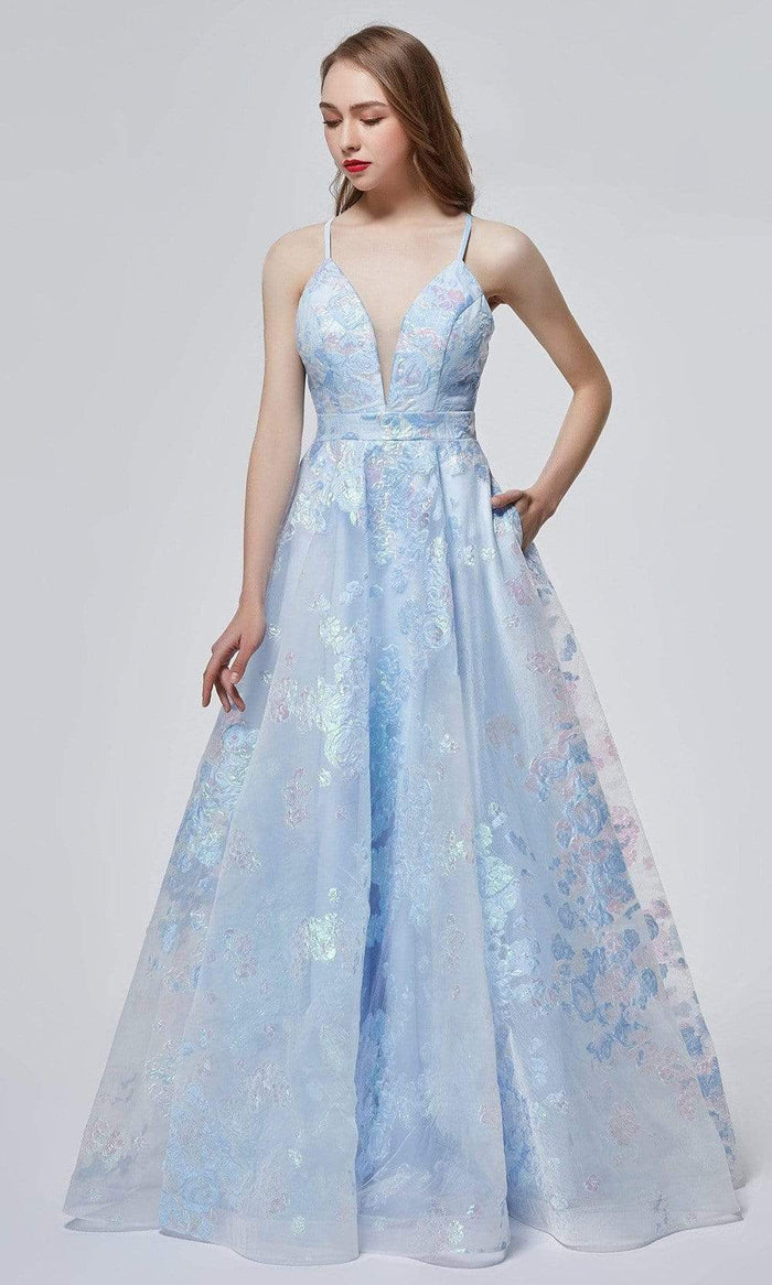 J'Adore - J19007 Floral Jacquard A-line Gown Evening Dresses 2 / Blue