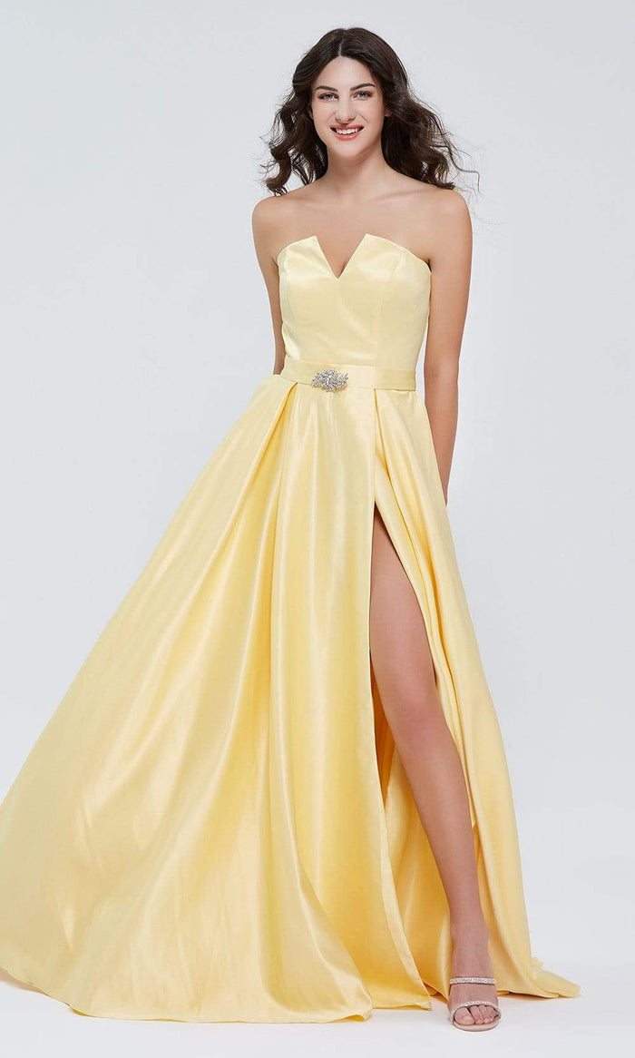 J'Adore - J20002 Brooch-Accent Satin Gown Special Occasion Dress 2 / Yellow