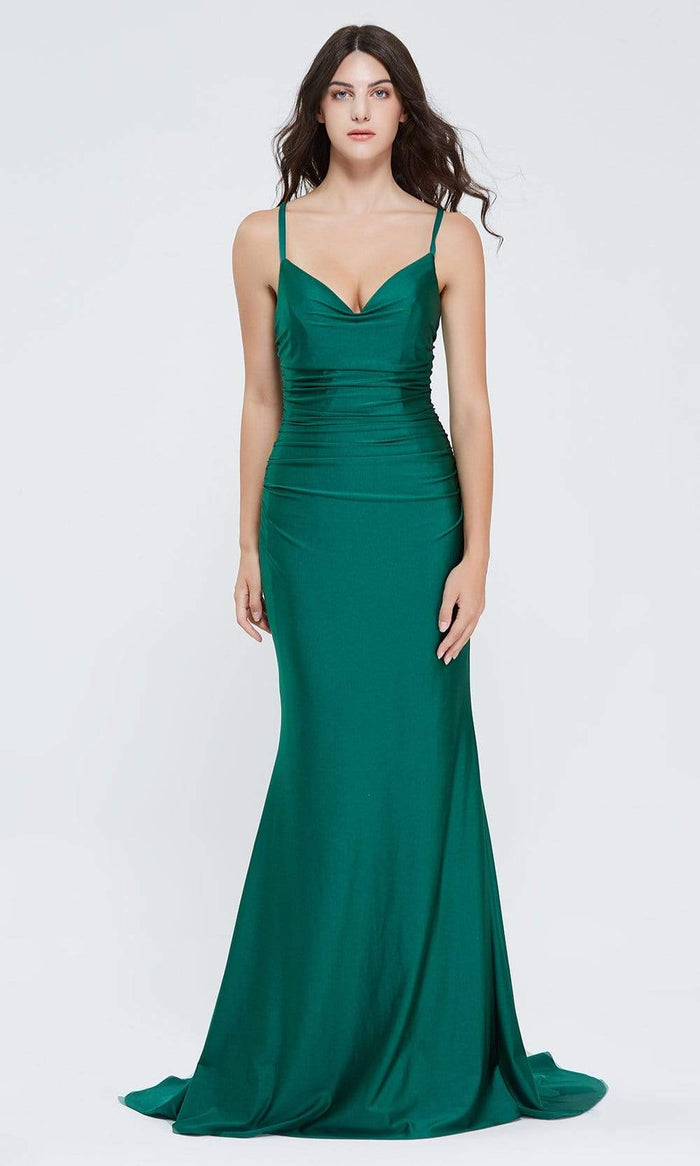J'Adore - J20015 Plunging V-Neck Trumpet Dress Special Occasion Dress 2 / Emerald