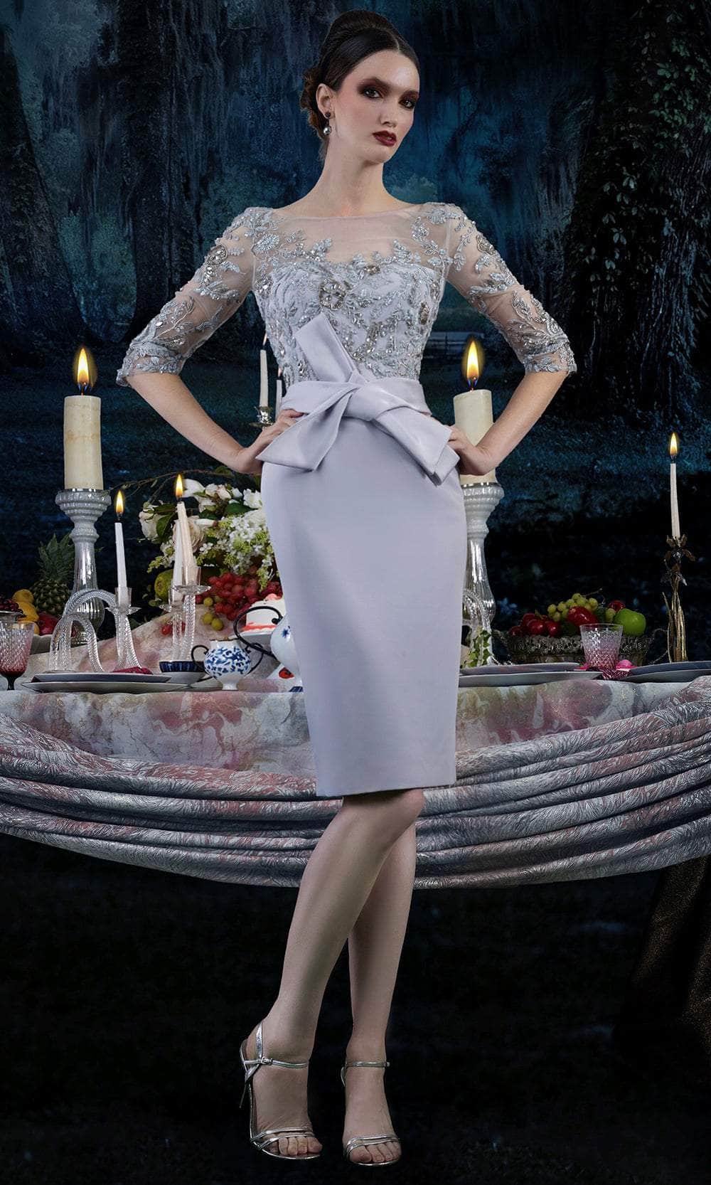 Janique - 1906 Embroidered Bateau Knee Length Fitted Dress Janique - 1906 Embroidered Bateau Knee Length Fitted Dress