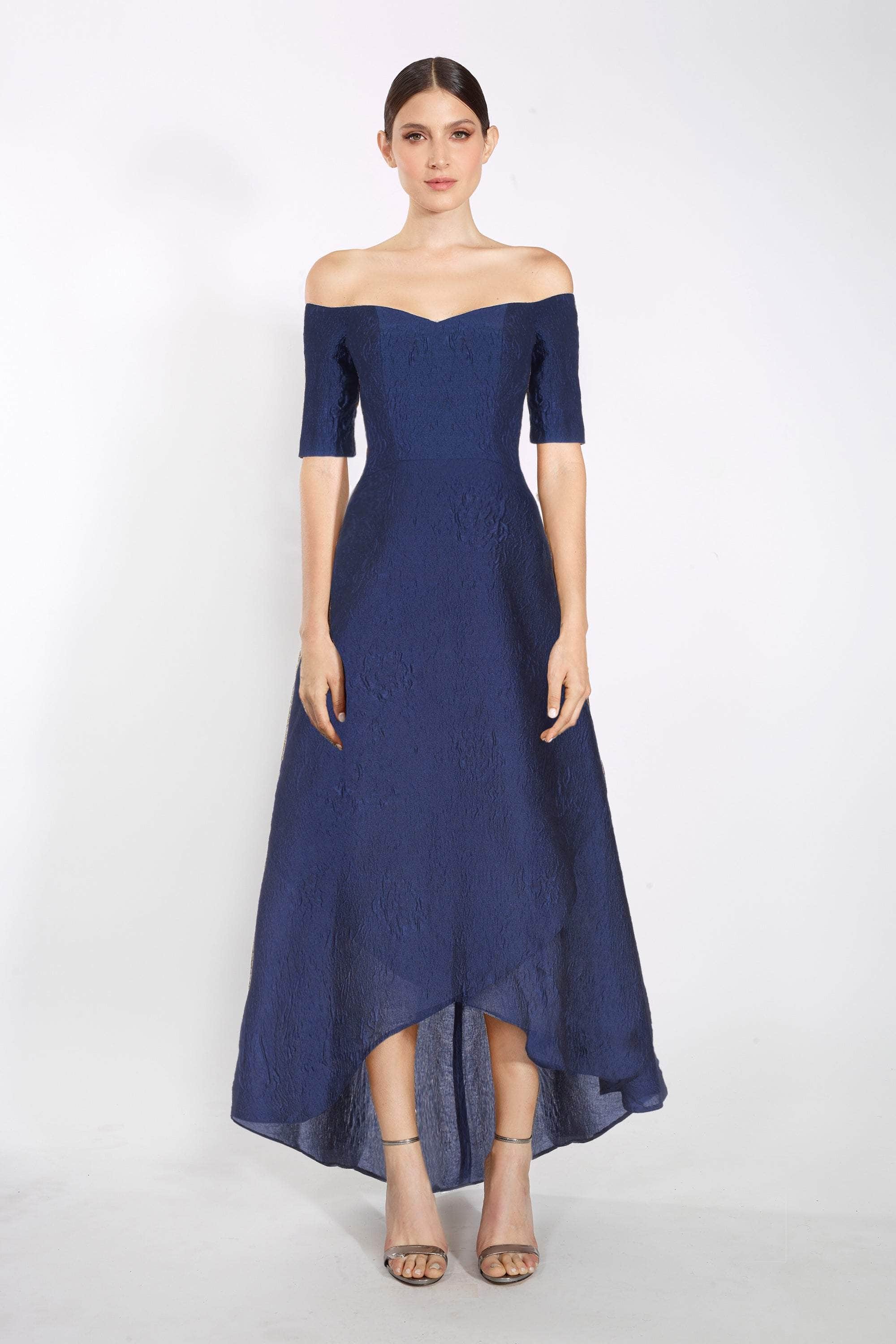 Janique - 61022 Off Shoulder Jacquard High Low A-line Dress Janique - 61022 Off Shoulder Jacquard High Low A-line Dress