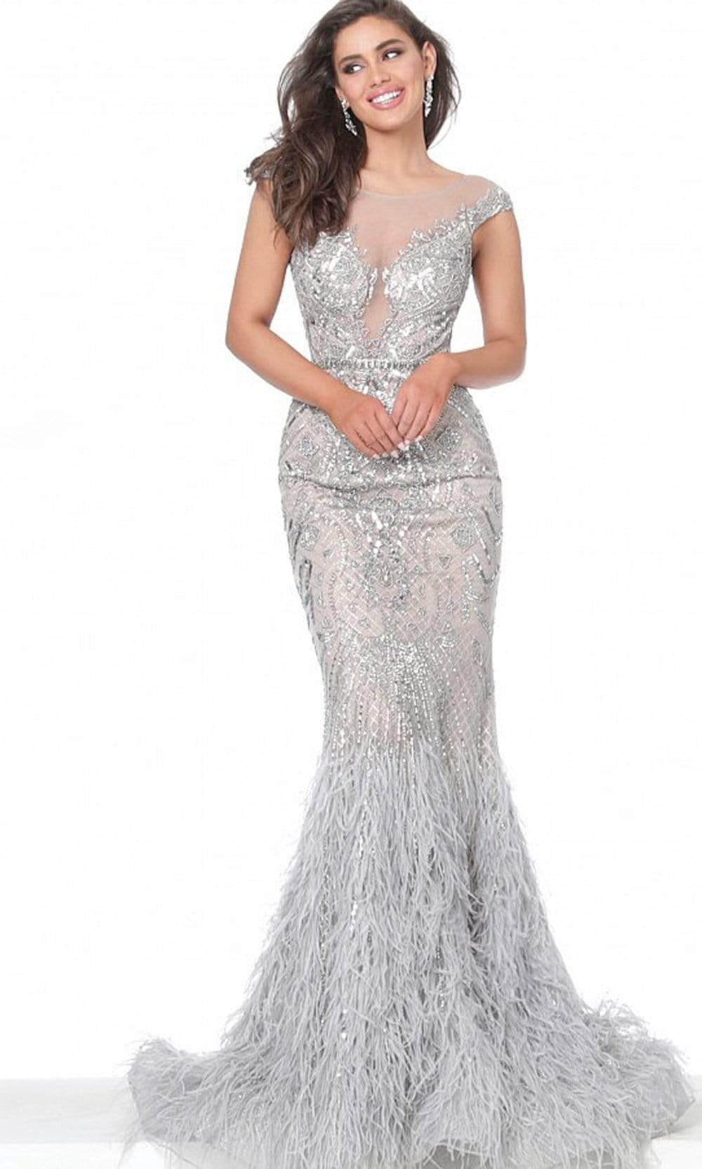 Jovani - 00880 Metallic Ornate Feather-Fringed Flare Gown Couture Candy Jovani - 00880 Metallic Ornate Feather-Fringed Flare Gown Couture Candy