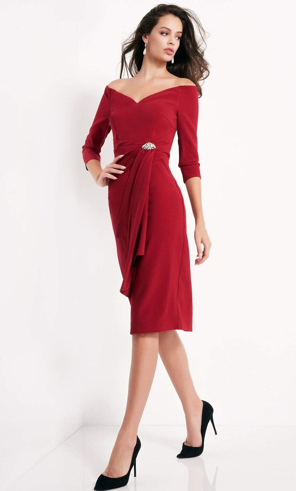 Jovani - 02949 Three Quarter Sleeve V-Neck Off Shoulder Cocktail Dress Couture Candy Jovani - 02949 Three Quarter Sleeve V-Neck Off Shoulder Cocktail Dress Couture Candy