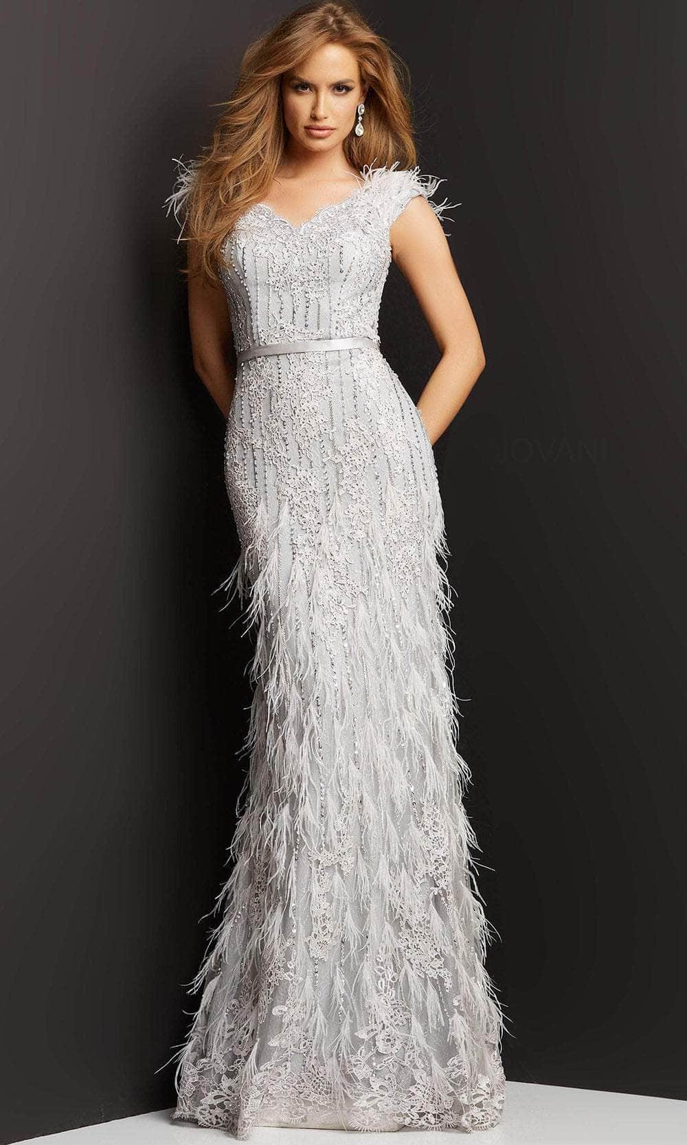 Jovani 03108 - Long Sheath Dress - Cap Sleeve, Beaded, Lace Appliqued, Scalloped Trim, Ostrich Feathers, Satin Belt, Mid-Open Back, Back Zipper, Full Length Couture Candy Jovani 03108 - Long Sheath Dress - Cap Sleeve, Beaded, Lace Appliqued, Scalloped Trim, Ostrich Feathers, Satin Belt, Mid-Open Back, Back Zipper, Full Length Couture Candy