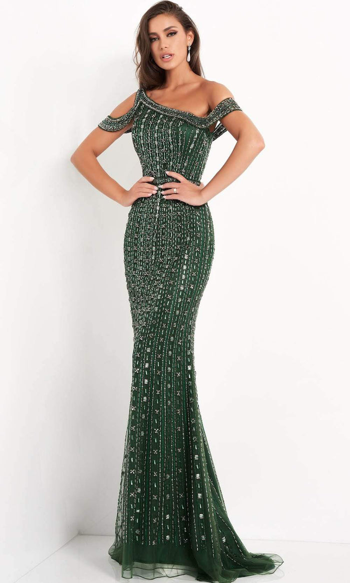 Jovani - 03124 Beaded Cold Shoulder Sheath Gown Evening Dresses 00 / Emerald