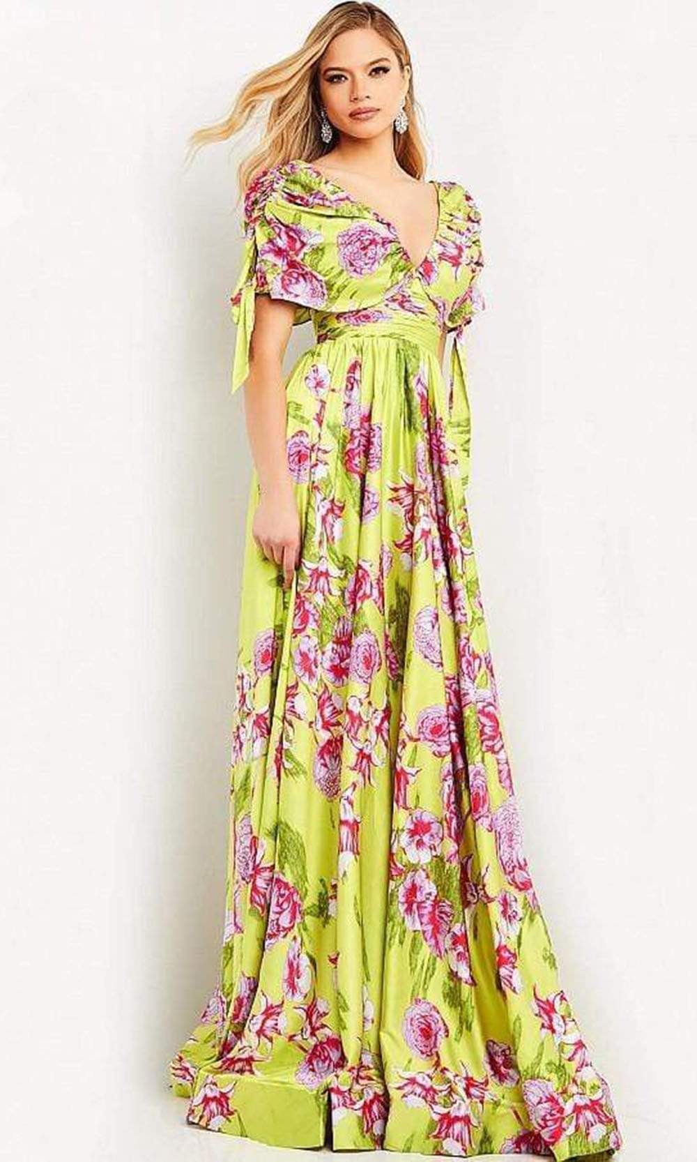 Jovani 04176 - Long A-Line Dress - Plunging Neckline, Short Ruched Sleeves With Ribbon, Floral Chiffon, Ruching, Pleats Couture Candy Jovani 04176 - Long A-Line Dress - Plunging Neckline, Short Ruched Sleeves With Ribbon, Floral Chiffon, Ruching, Pleats Couture Candy