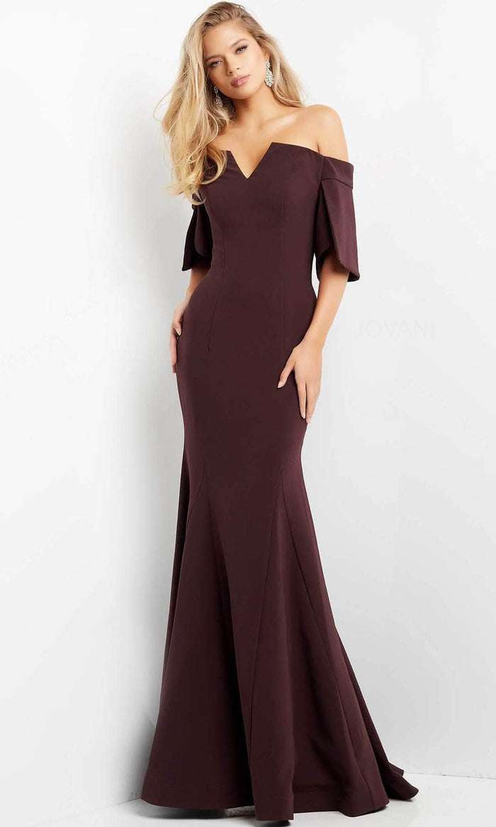 Jovani 04341 - Split Sleeve Off Shoulder Evening Dress Evening Dresses 00 / Plum