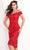 Jovani - 04763 Off-Shoulder Textured Lace Sheath Knee-Length Dress Homecoming Dresses 00 / Red